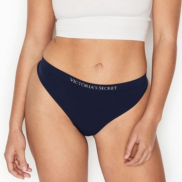Victoria's Secret Seamless Textured Thong Panty Blue Navy Medium NEW - Picture 2 of 6